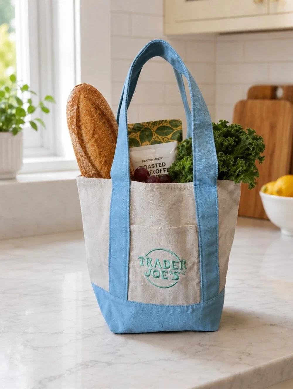 Trader Joe’s Mini Pastel Blue Canvas Tote Bag Reusable Grocery Shopper NWT